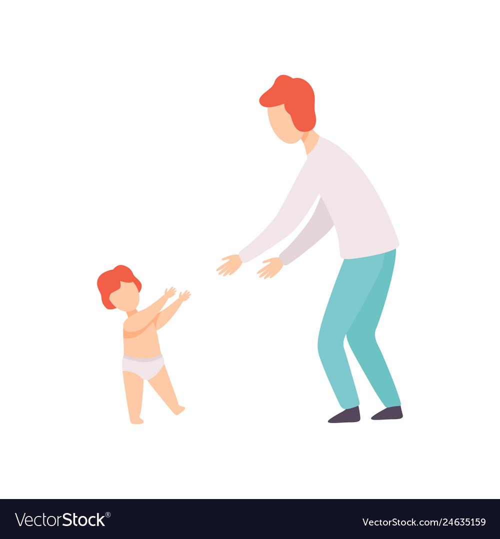 Toddler baby taking first steps to his father