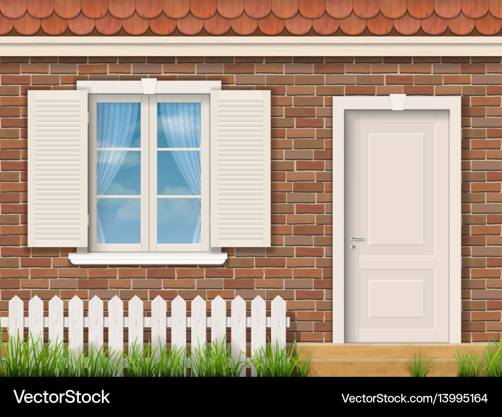 Brick facade with a white window and a door Vector Image