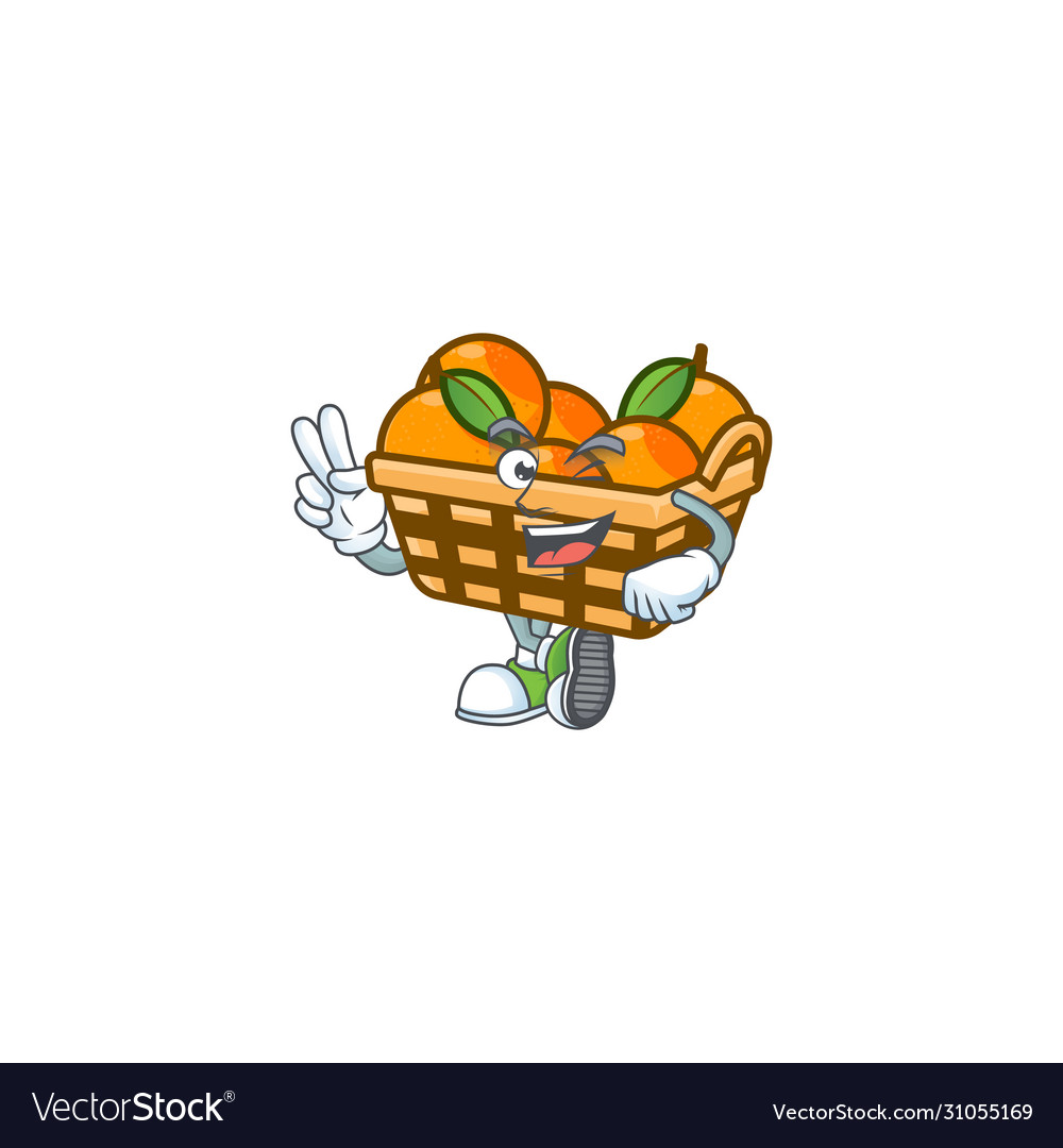 Cartoon mascot basket oranges with two fingers