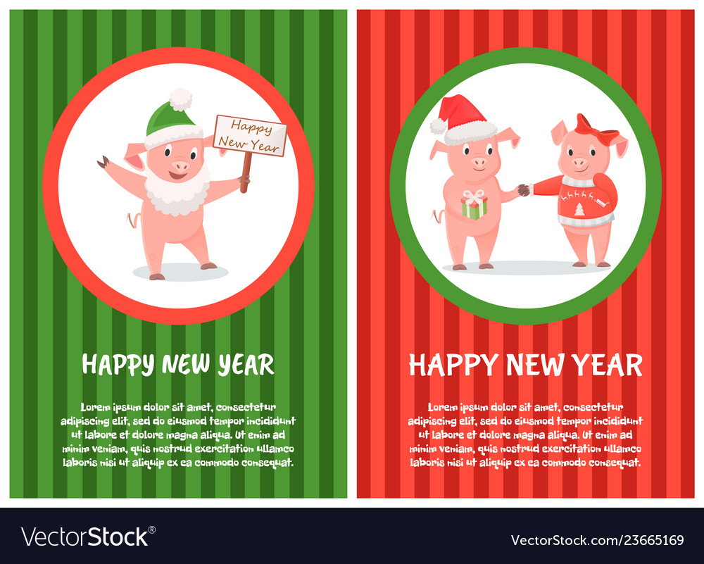 Happy new year postcard male and female piglets