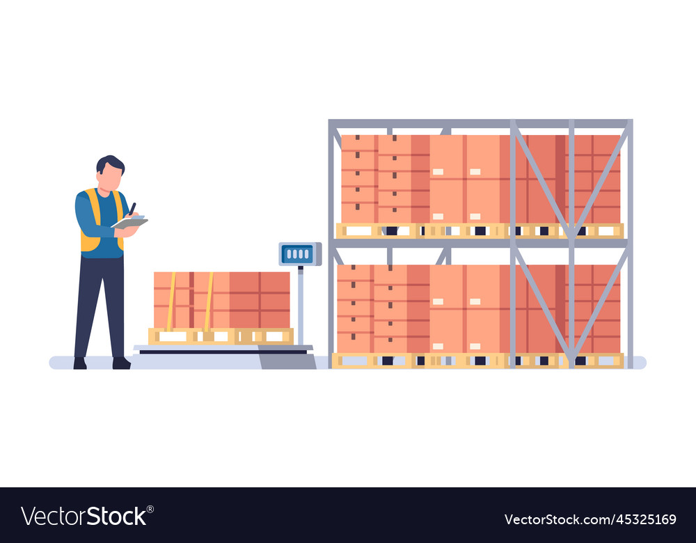 Warehouse worker checks goods on pallets man