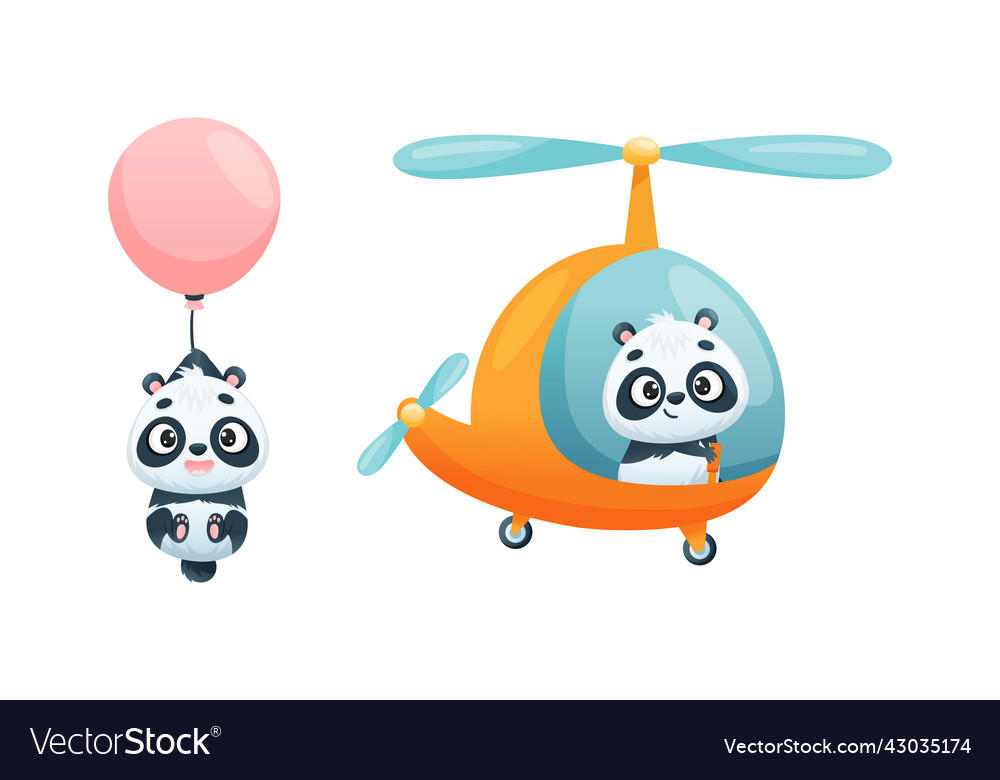 Cute baby panda character flying helicopter