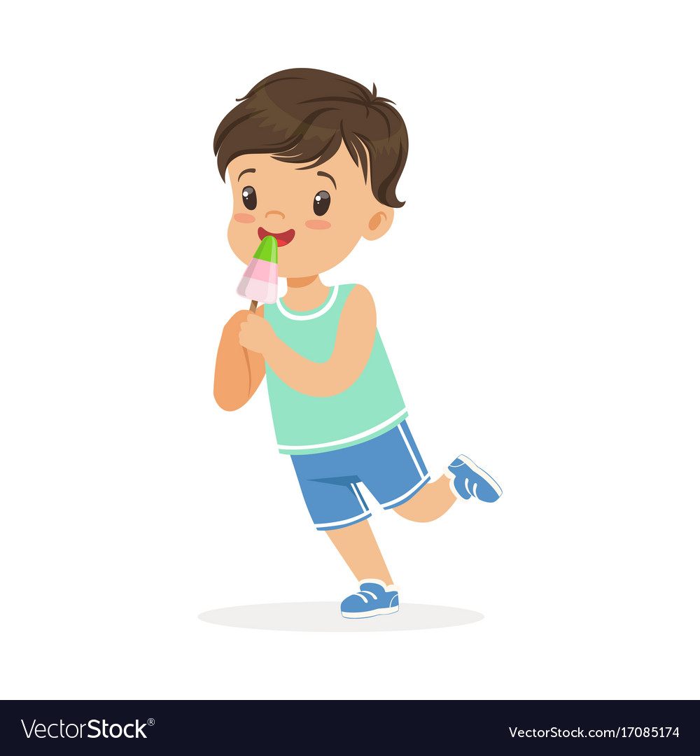 Cute happy little boy character eating ice cream