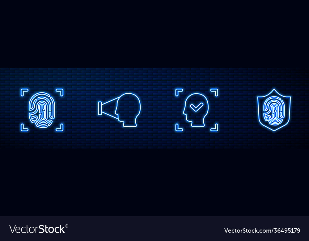 Set line face recognition fingerprint and shield vector image Set line face recognition fingerprint and shield