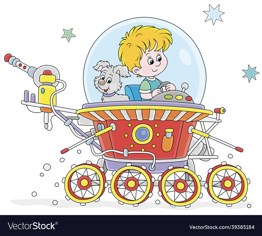 Little boy piloting a toy lunar rover