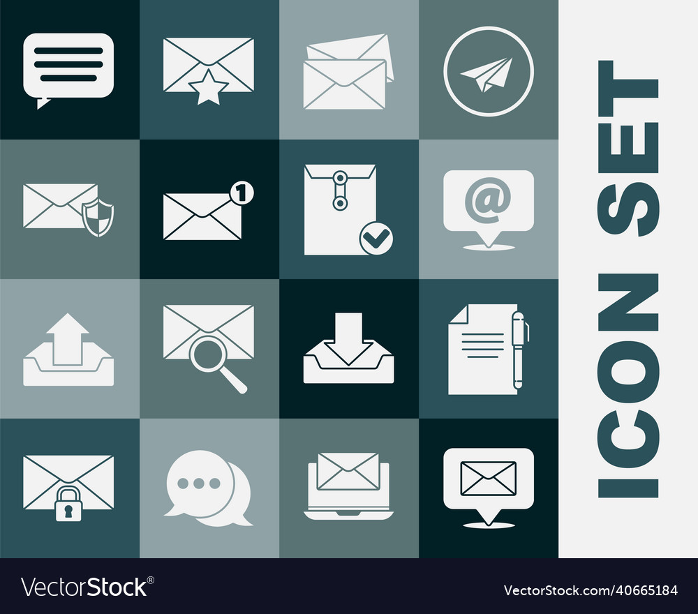 Set speech bubble with envelope document and pen vector image Set speech bubble with envelope document and pen