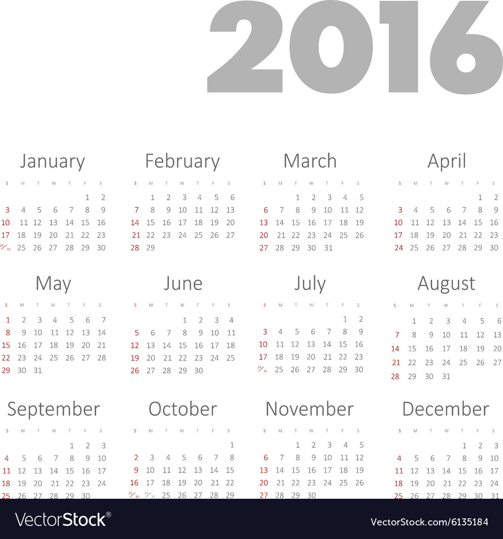 Simple 2016 year calendar Royalty Free Vector Image