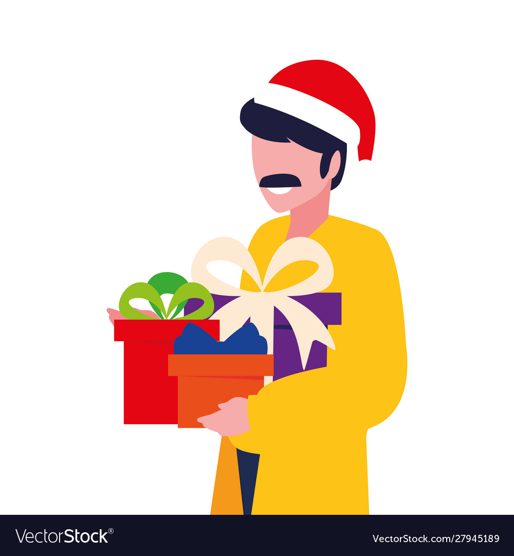 Man with gift boxes on white background