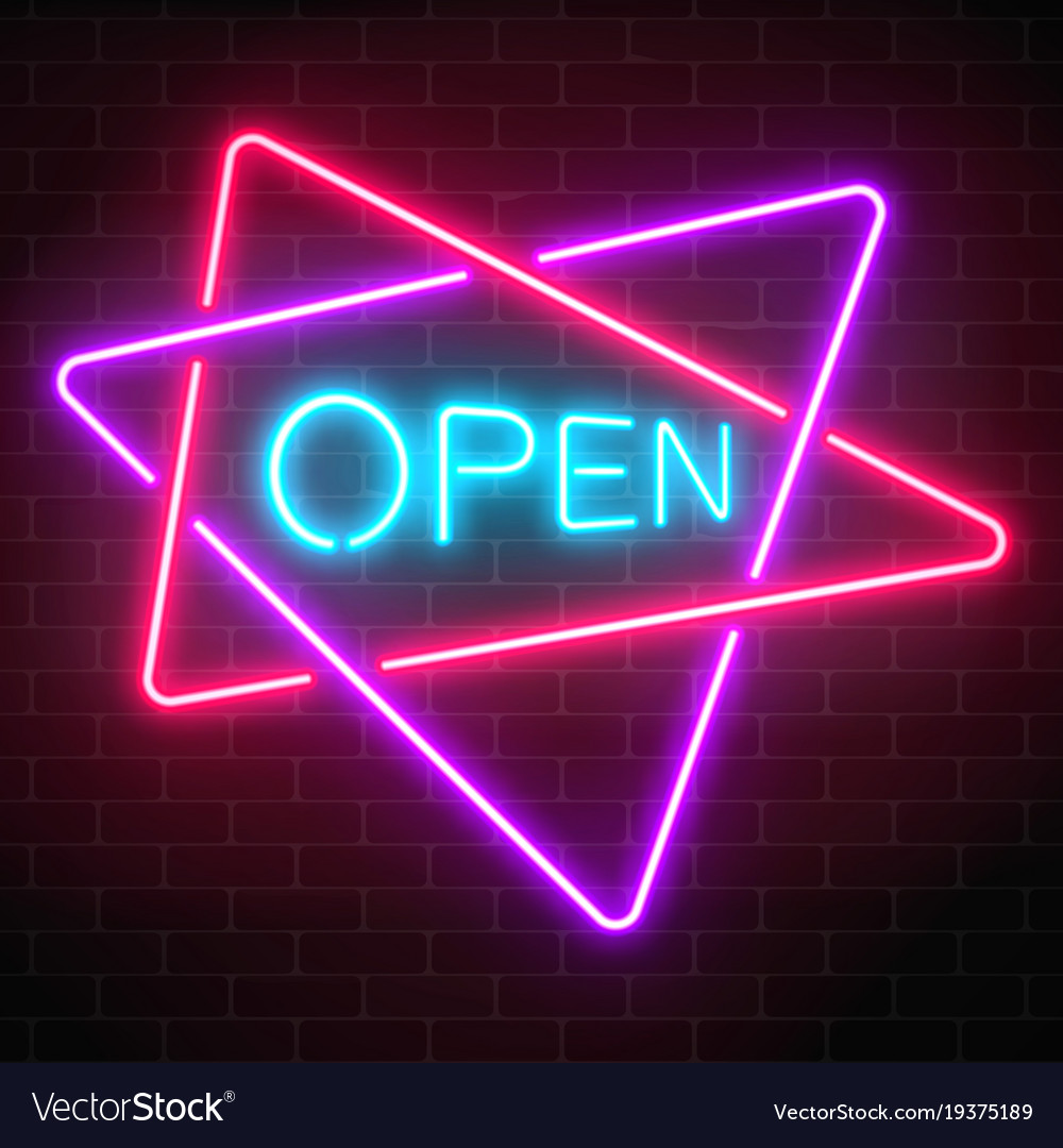 Neon open signboard in crossing triangles frames