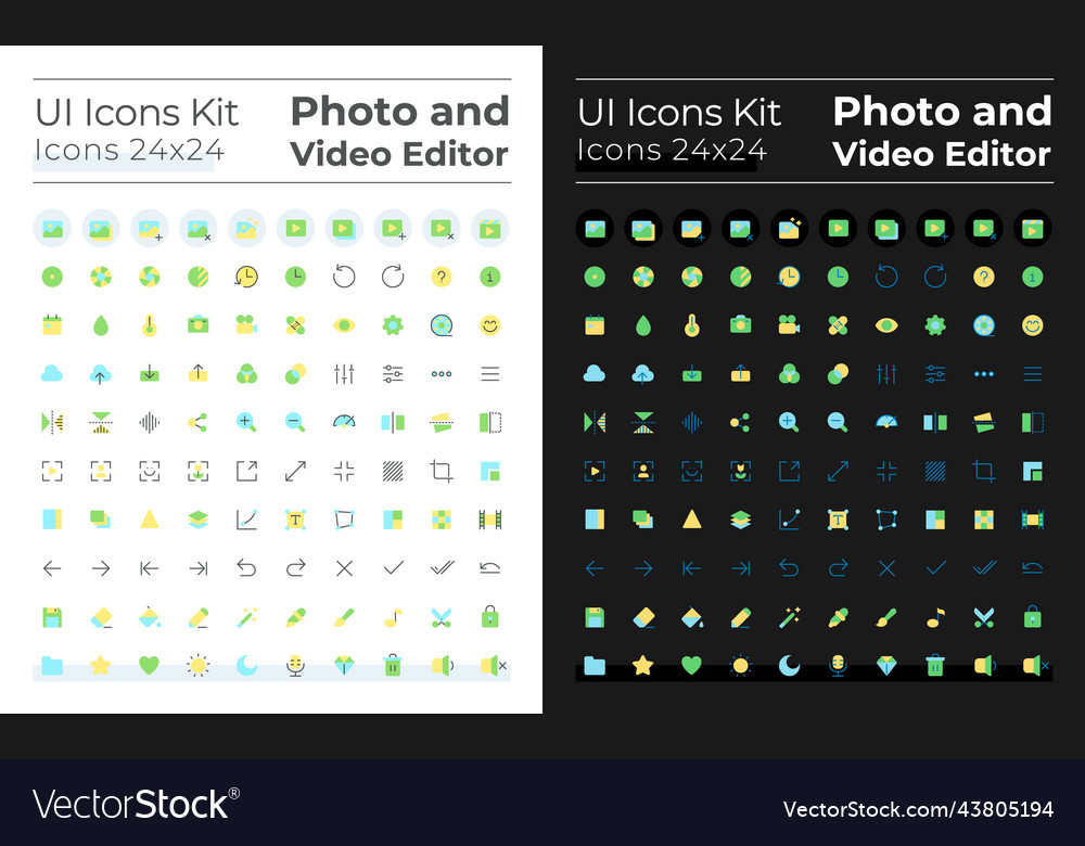 Photo and video editor flat color ui icons set