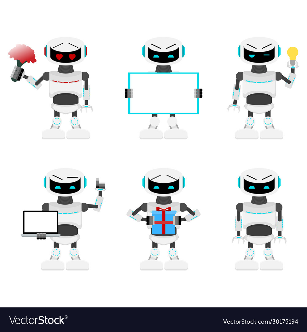 Robots set poses and action cyborg with laptop vector image Robots set poses and action cyborg with laptop