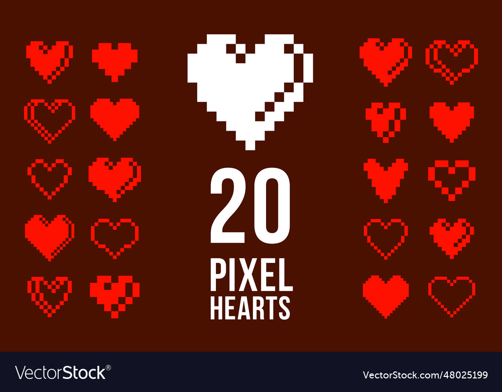 8bit Pixel Hearts Logos Or Icons Set Retro Game Vector Image