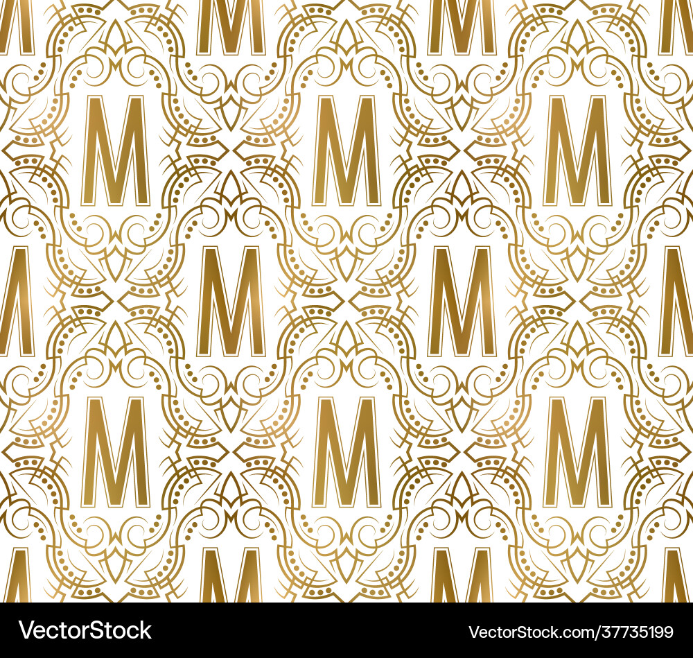 Golden initial seamless pattern with m letter Vector Image