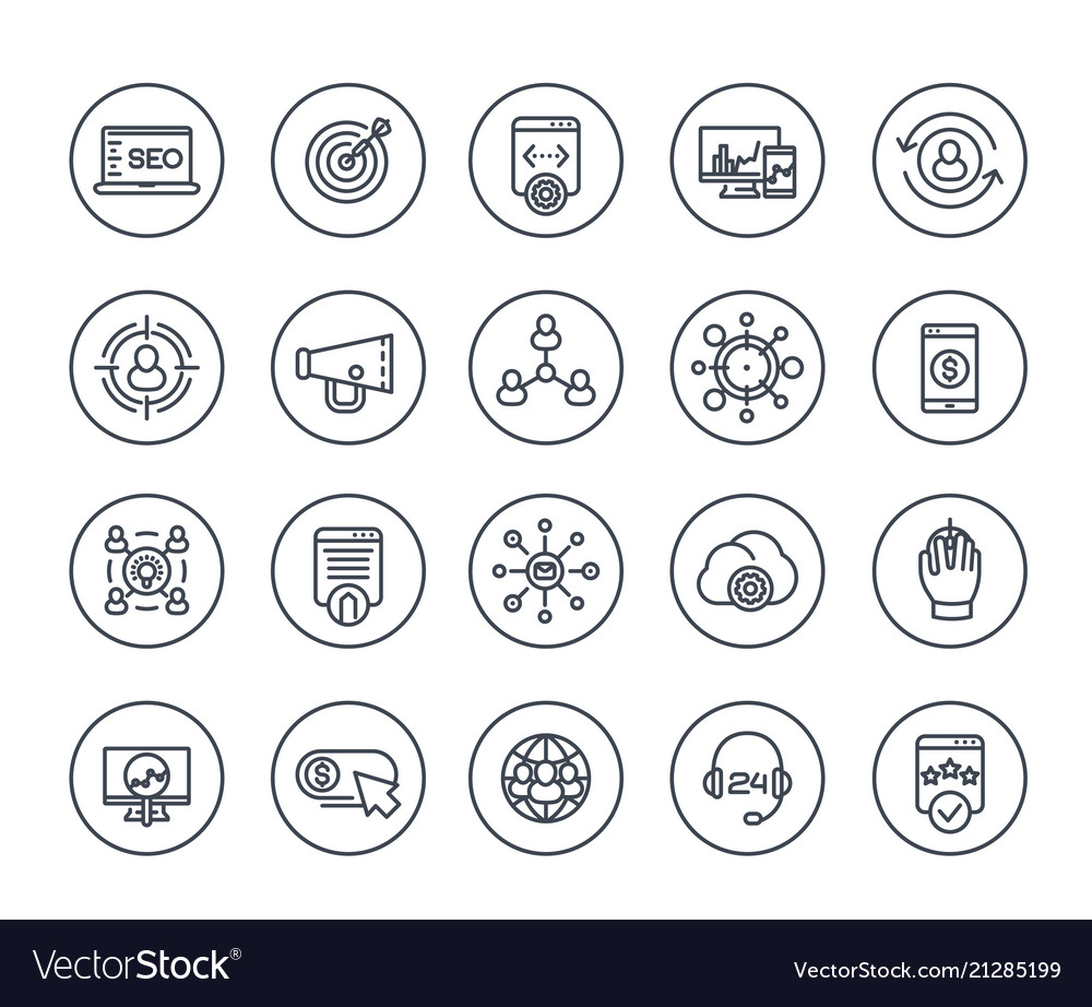 Seo digital marketing website analysis line icons