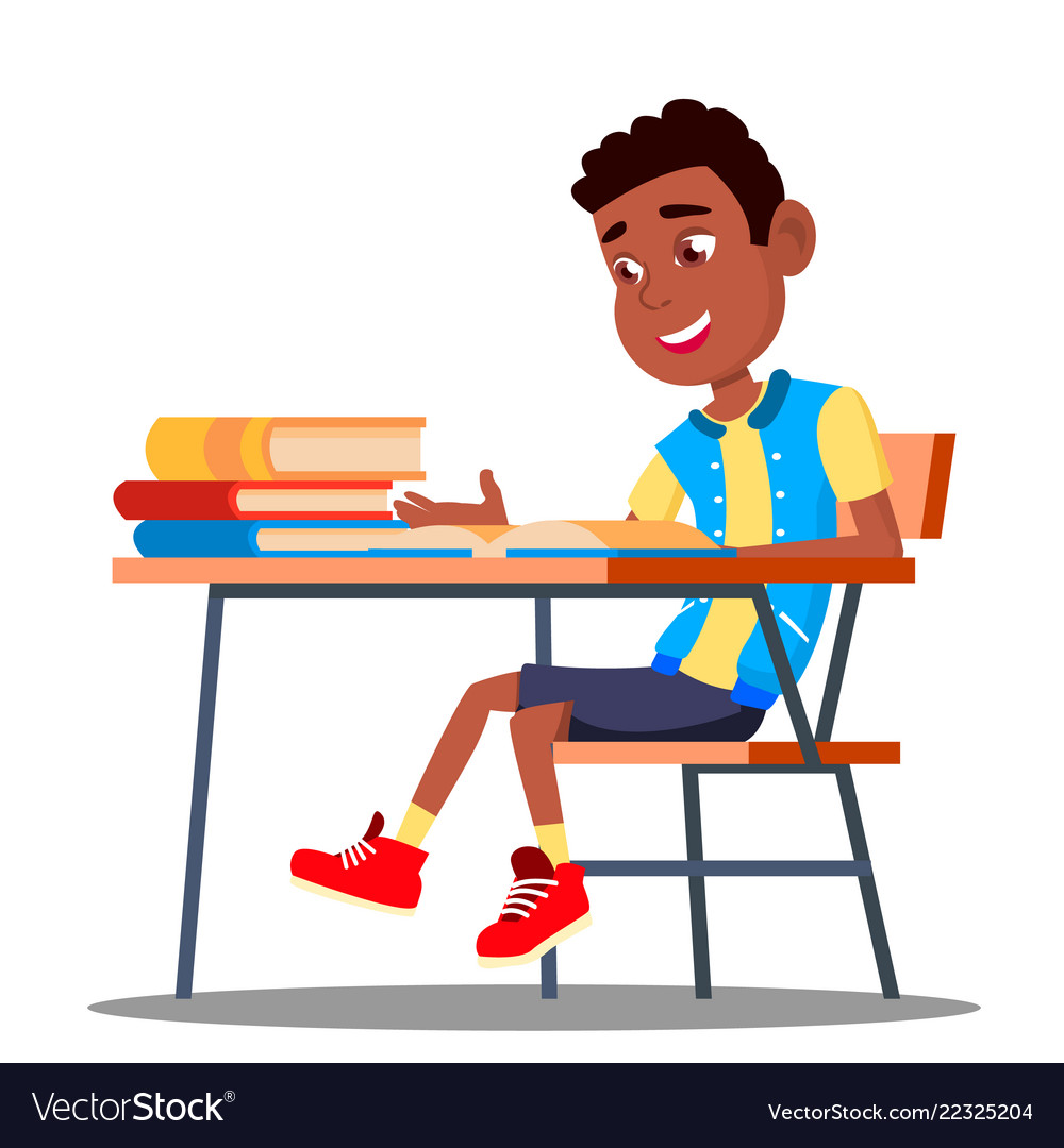 Little pupil at a desk reading book in the Vector Image