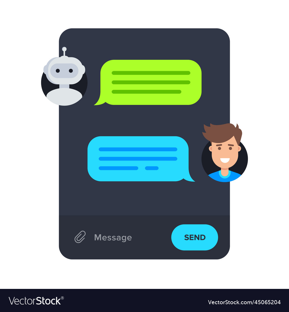 Man chatting with robot in messenger app vector image Man chatting with robot in messenger app