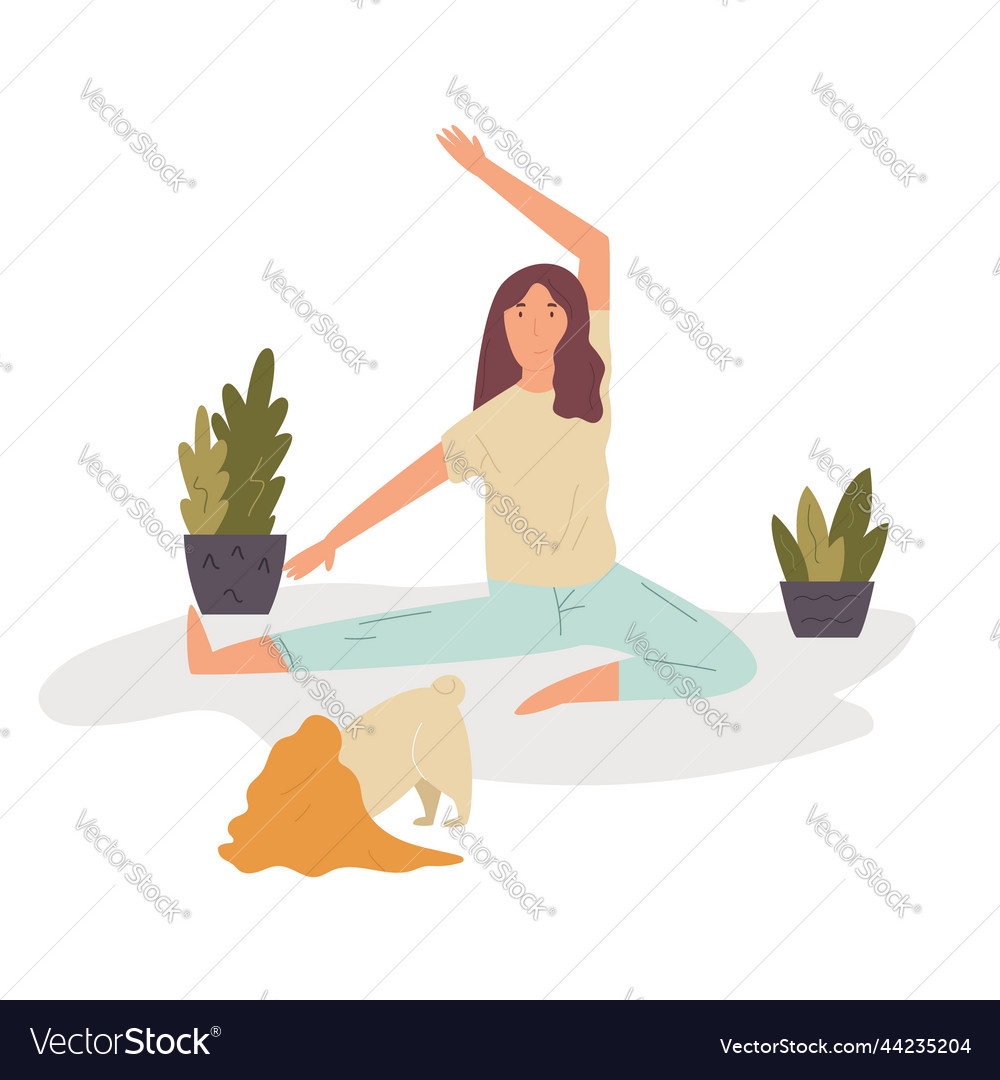 Pretty girl doing yoga with pug dog pet lover