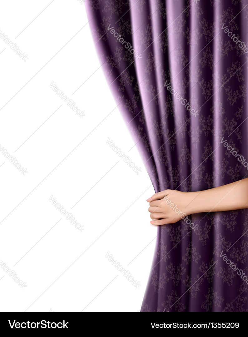 Background With Violet Velvet Curtain And Hand Vector Image