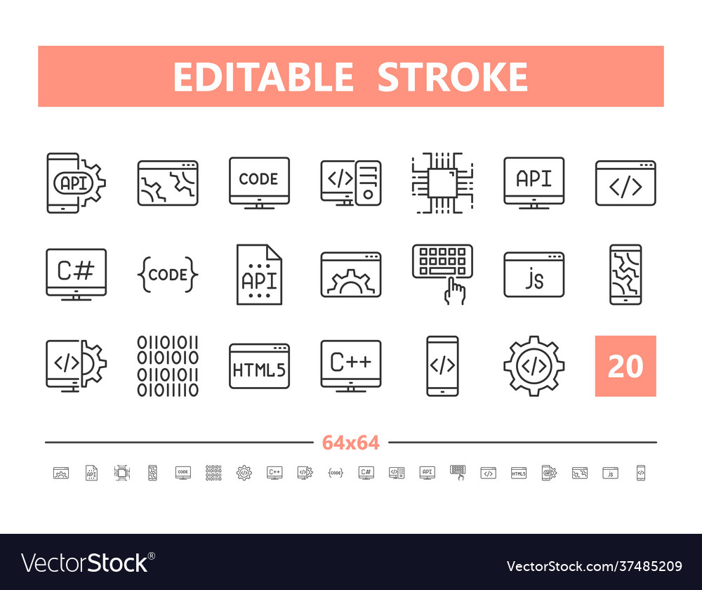 Development and programming 20 line icons vector image Development and programming 20 line icons