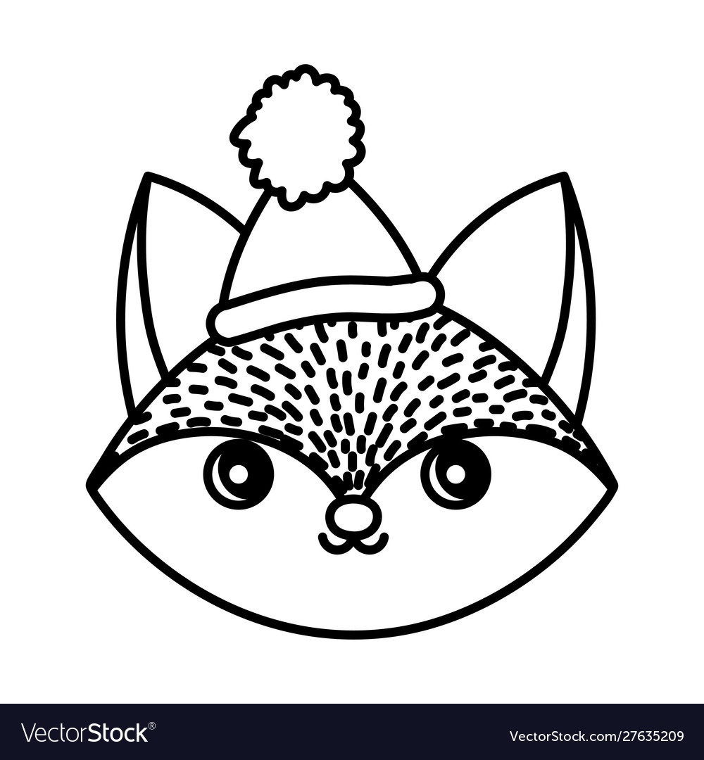 Happy fox head with hat merry christmas thick line