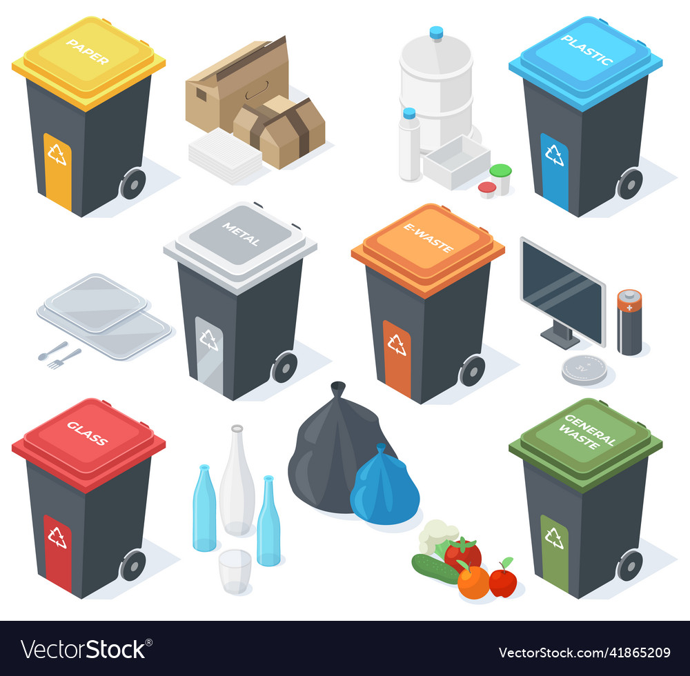 Isometric garbage multicolour trash cans waste Vector Image