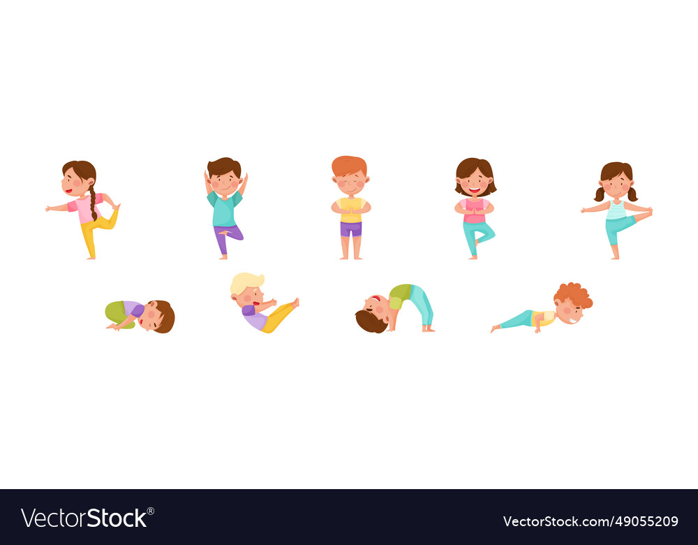 Kid characters doing yoga standing in different Vector Image