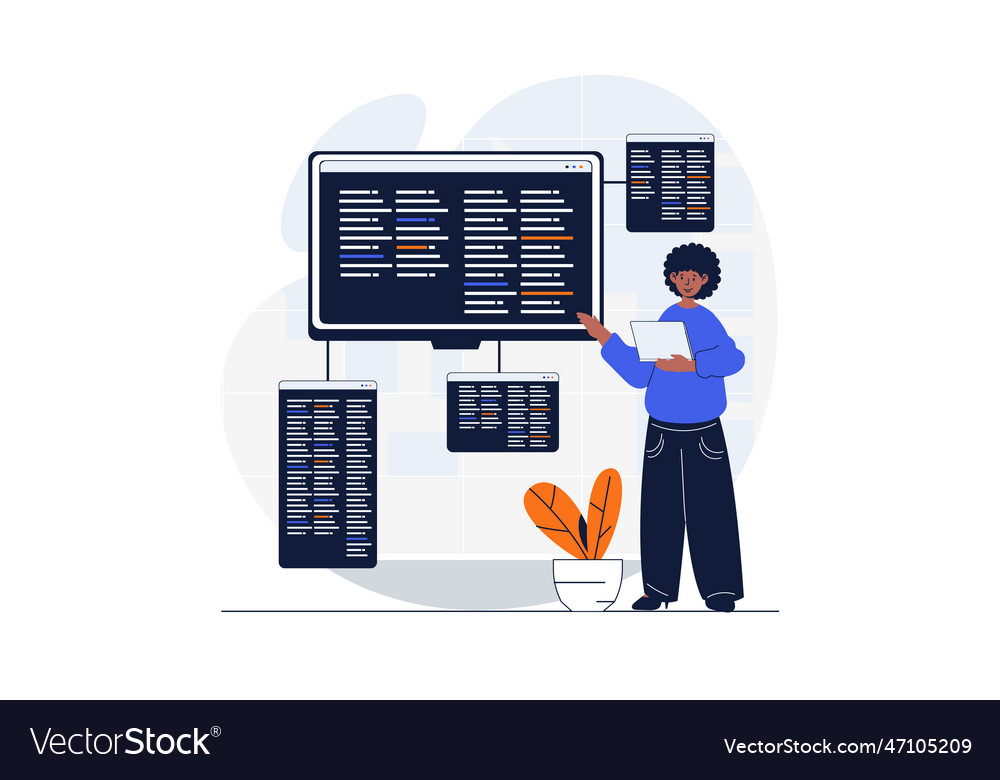 Programming web concept with character scene Vector Image