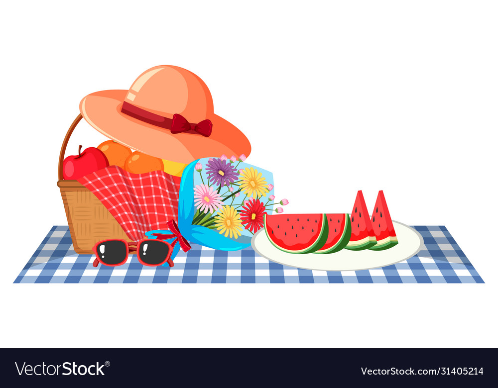 Picnic theme with fruit basket and flowers