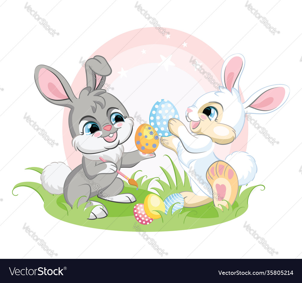 Two easter bunnies characters with eggs Royalty Free Vector