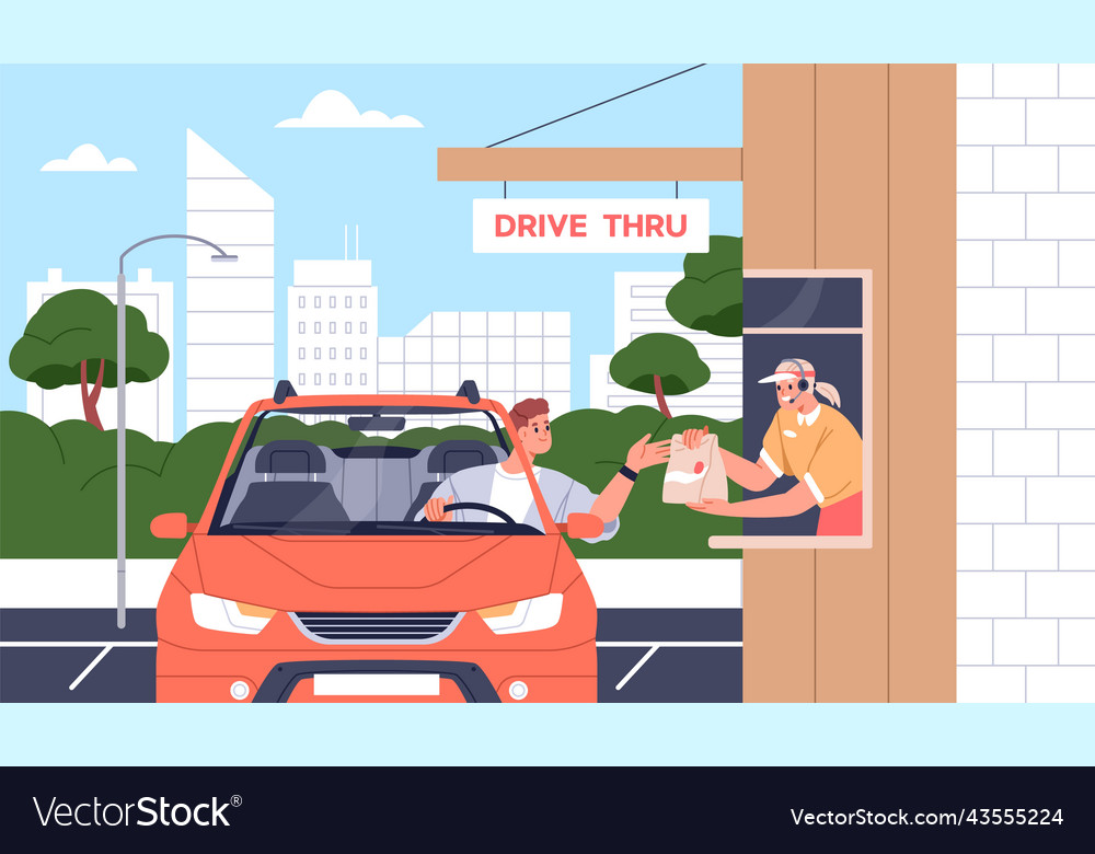 Driver at drive threw through service person Vector Image