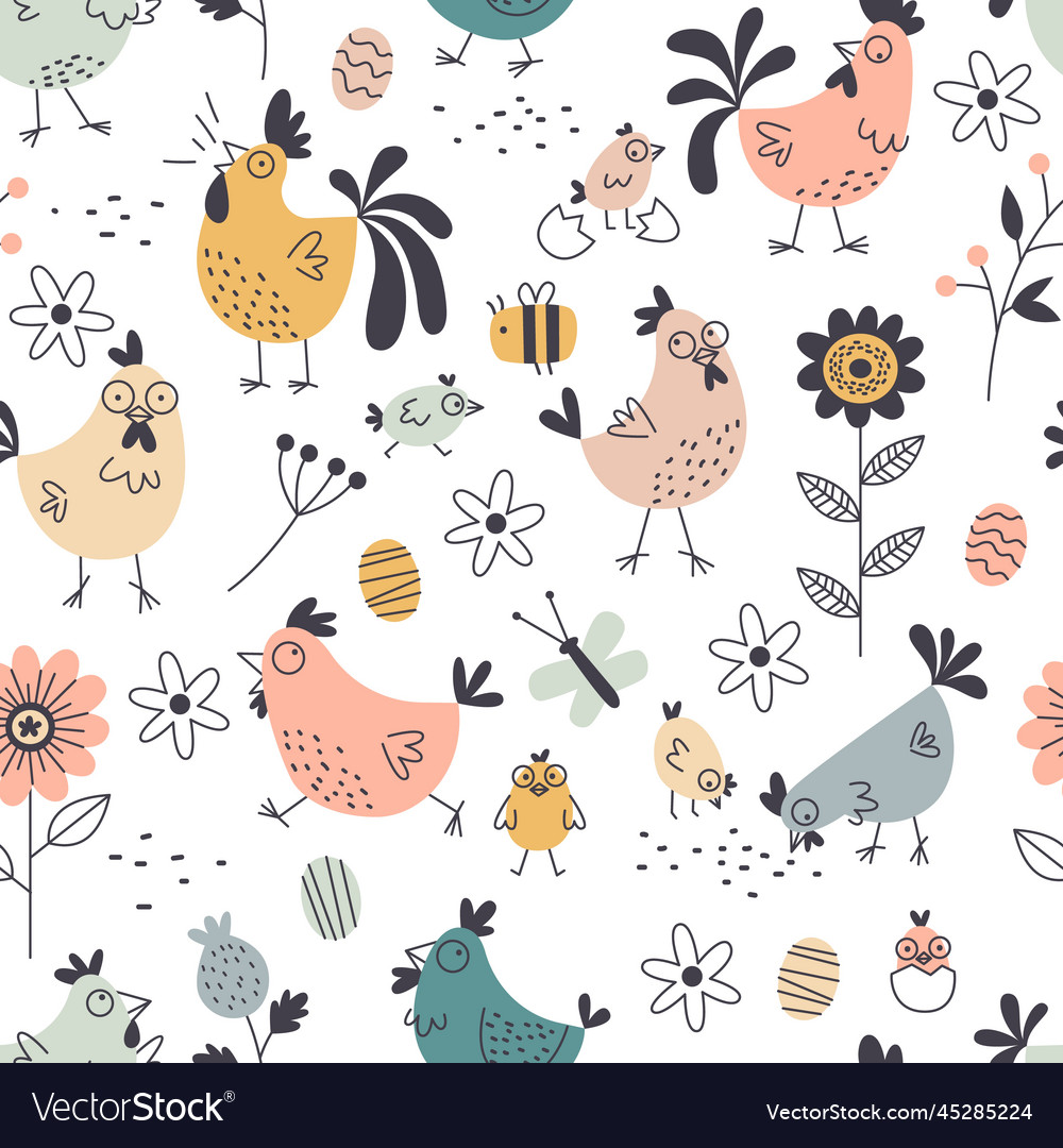 Seamless funny chickens pattern cartoon cute vector image Seamless funny chickens pattern cartoon cute