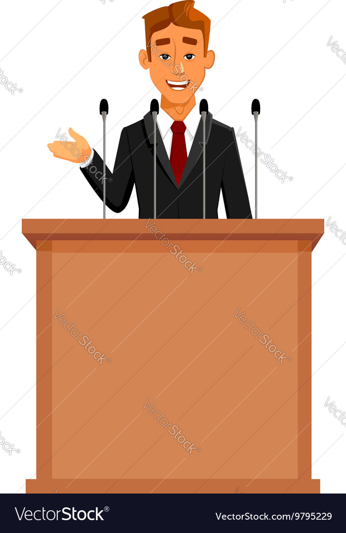 Cartoon businessman at tribune with microphones Vector Image