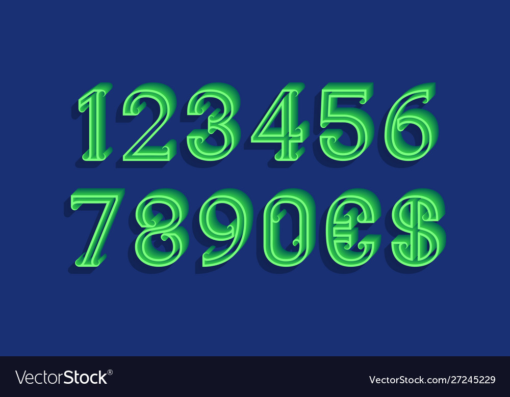 Curly volume numbers with currency signs in 3d vector image Curly volume numbers with currency signs in 3d