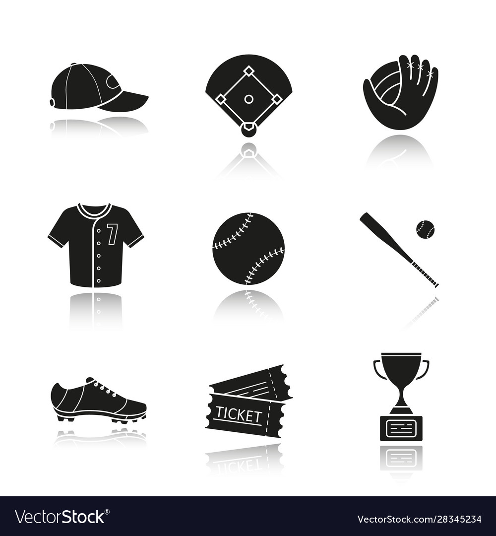 Baseball accessories drop shadow black icons set