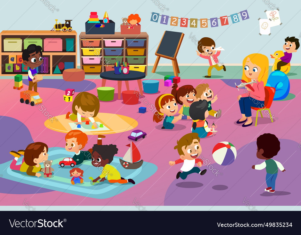 Kindergarten students in their classroom Vector Image