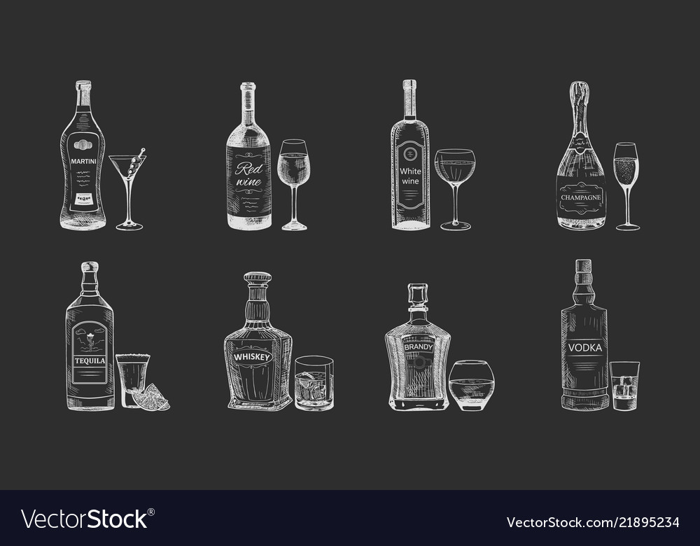 Set of isolated alcohol beverages bottles sketch