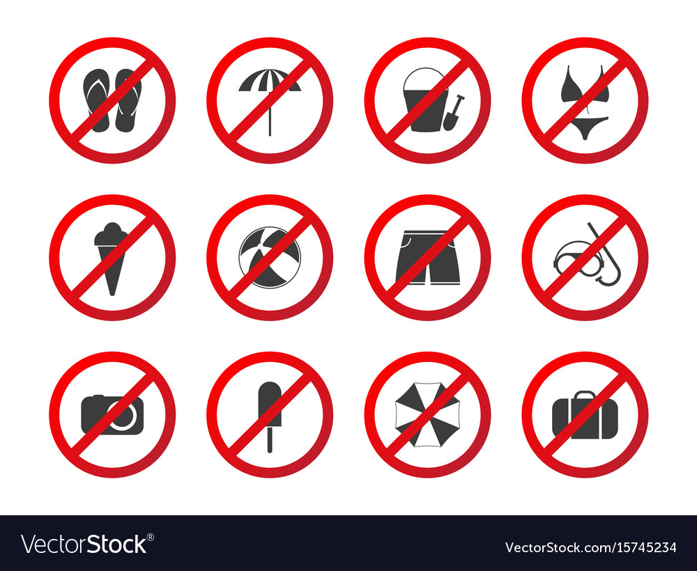 Set of travel prohibition icons beach restriction Vector Image