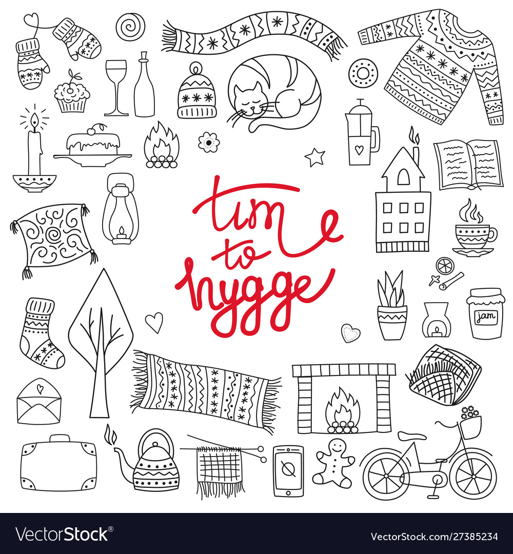 Zeit zum hygge hand gezeichnet doodle icons set