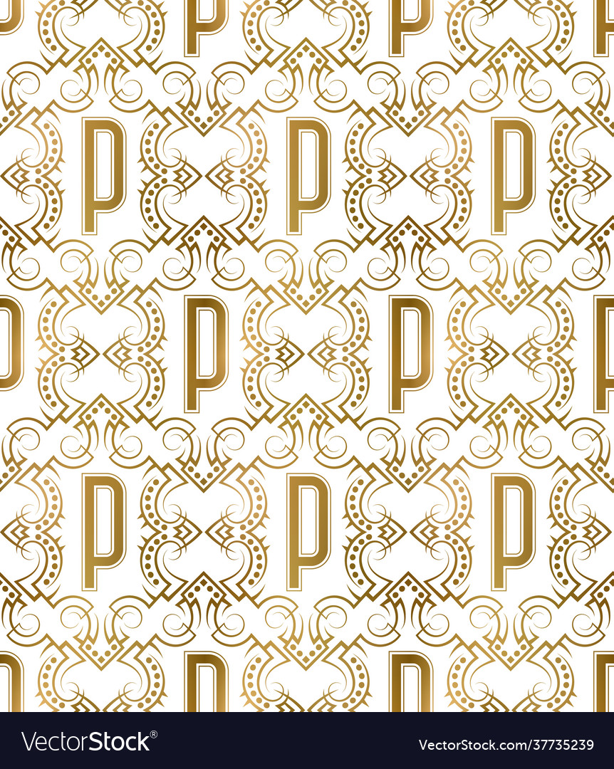 Golden initial seamless pattern with p letter vector image Golden initial seamless pattern with p letter