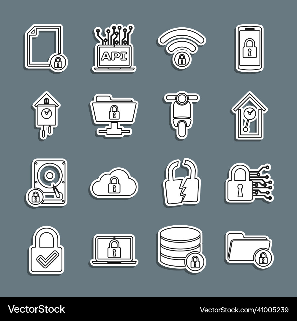 Set line folder and lock cyber security retro Vector Image