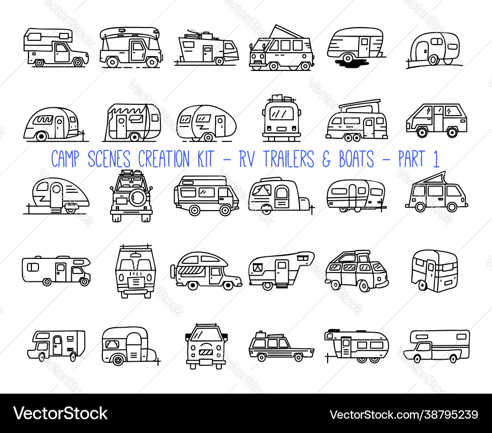 Set linear icons camper trailers Royalty Free Vector Image