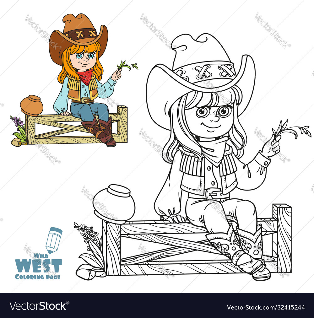 Cute girl in a cowboy costume sits on fence