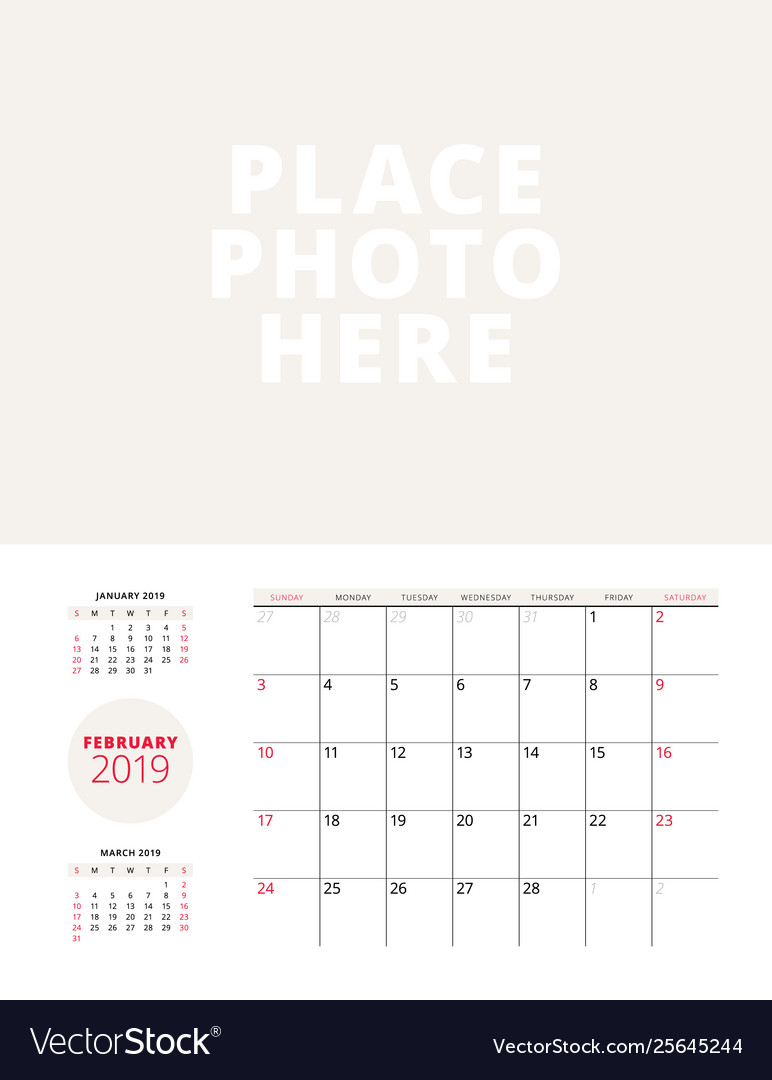 Wall calendar planner template for february 2019