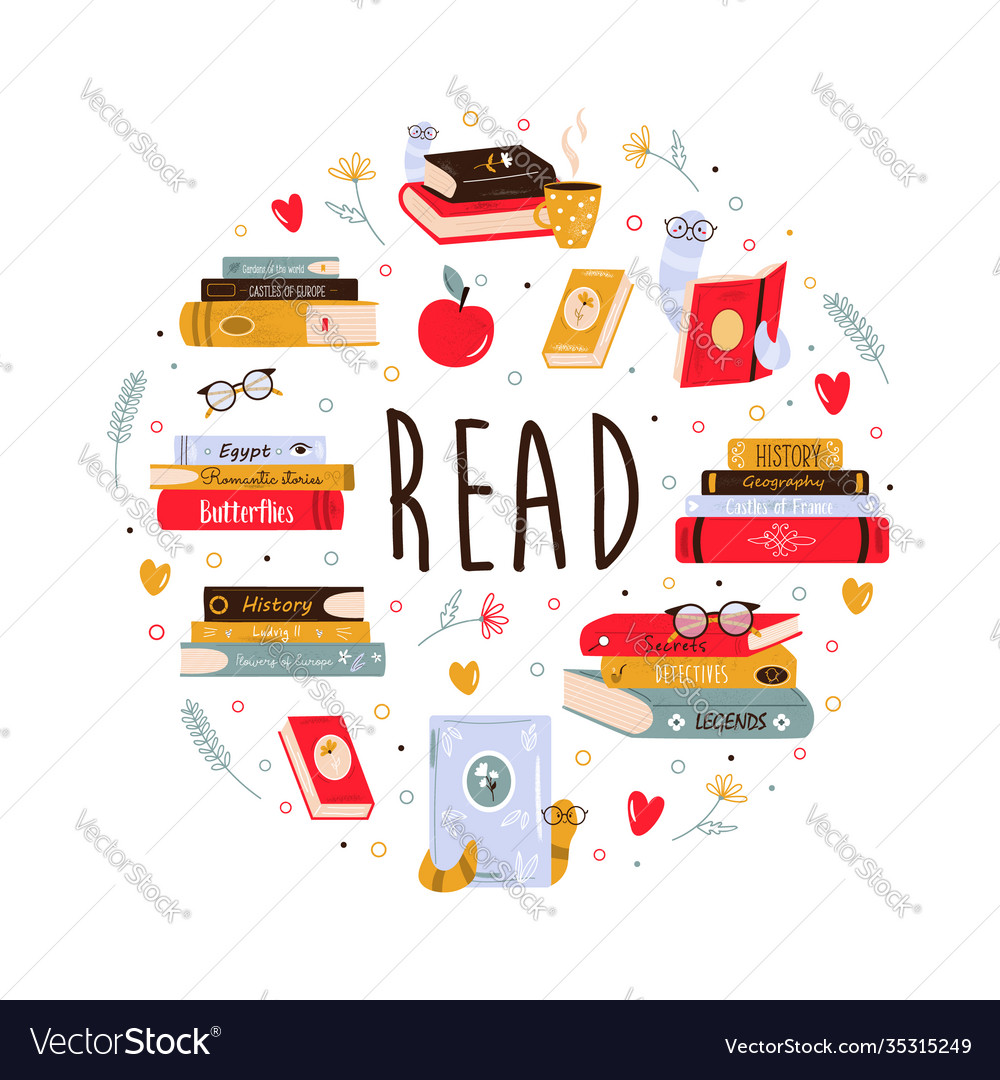 Abstract circle design with colorful books piles Vector Image