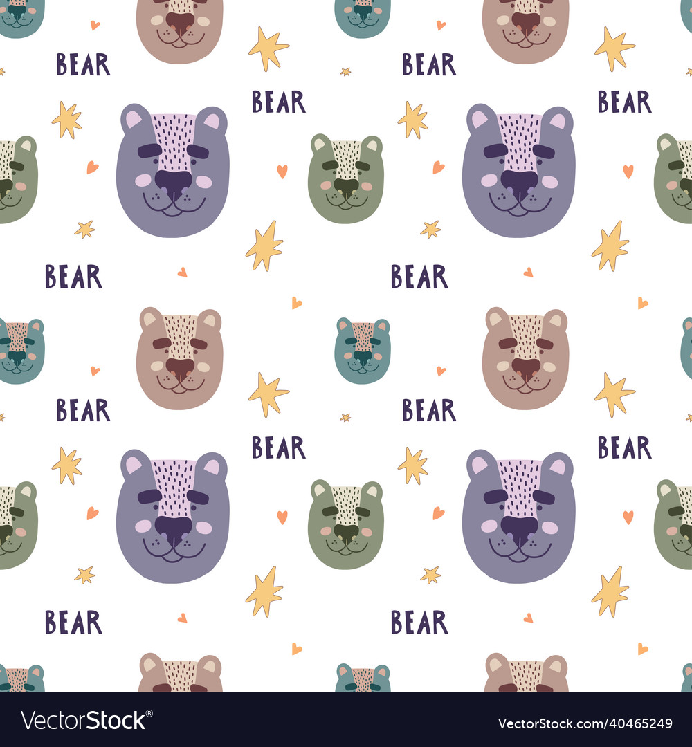 Cute bears seamless pattern with stars and text vector image Cute bears seamless pattern with stars and text