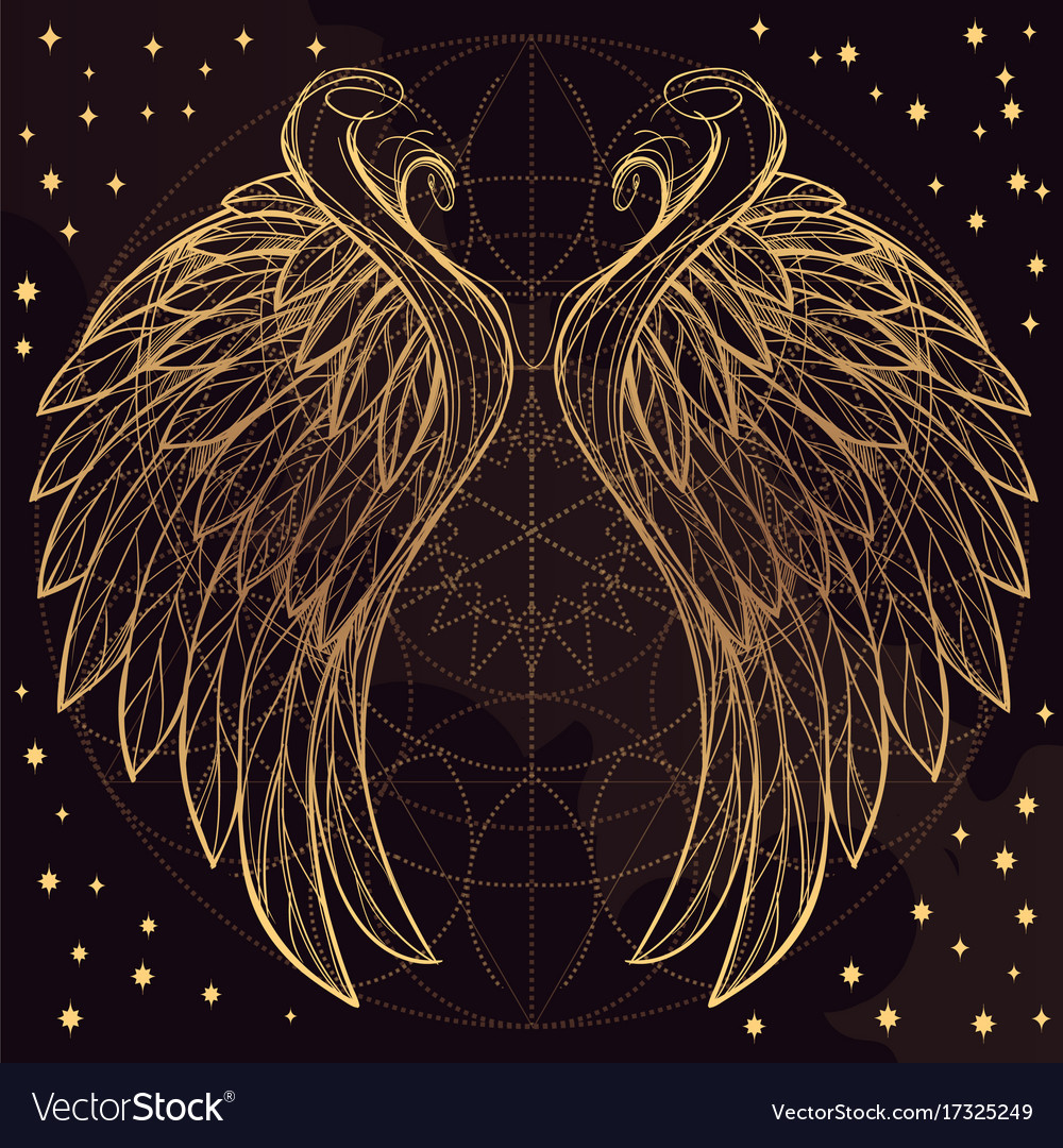 Golden wings on purple background design element