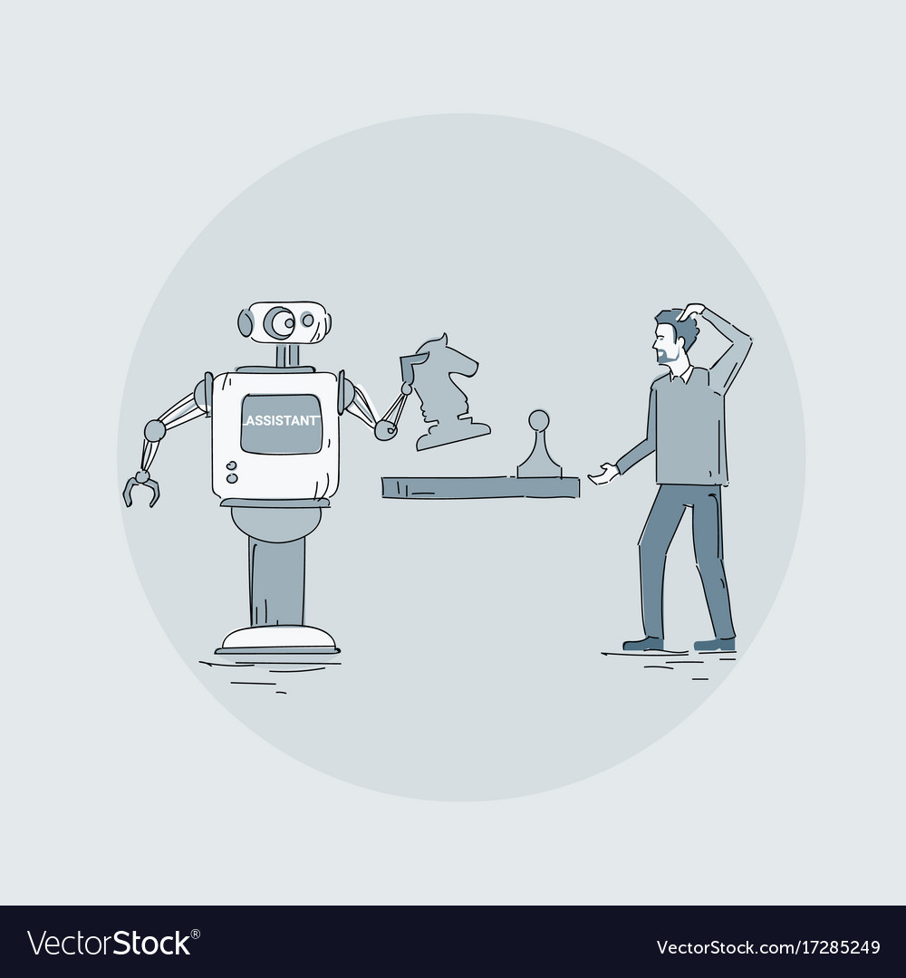 Modern robot playing chess with man icon