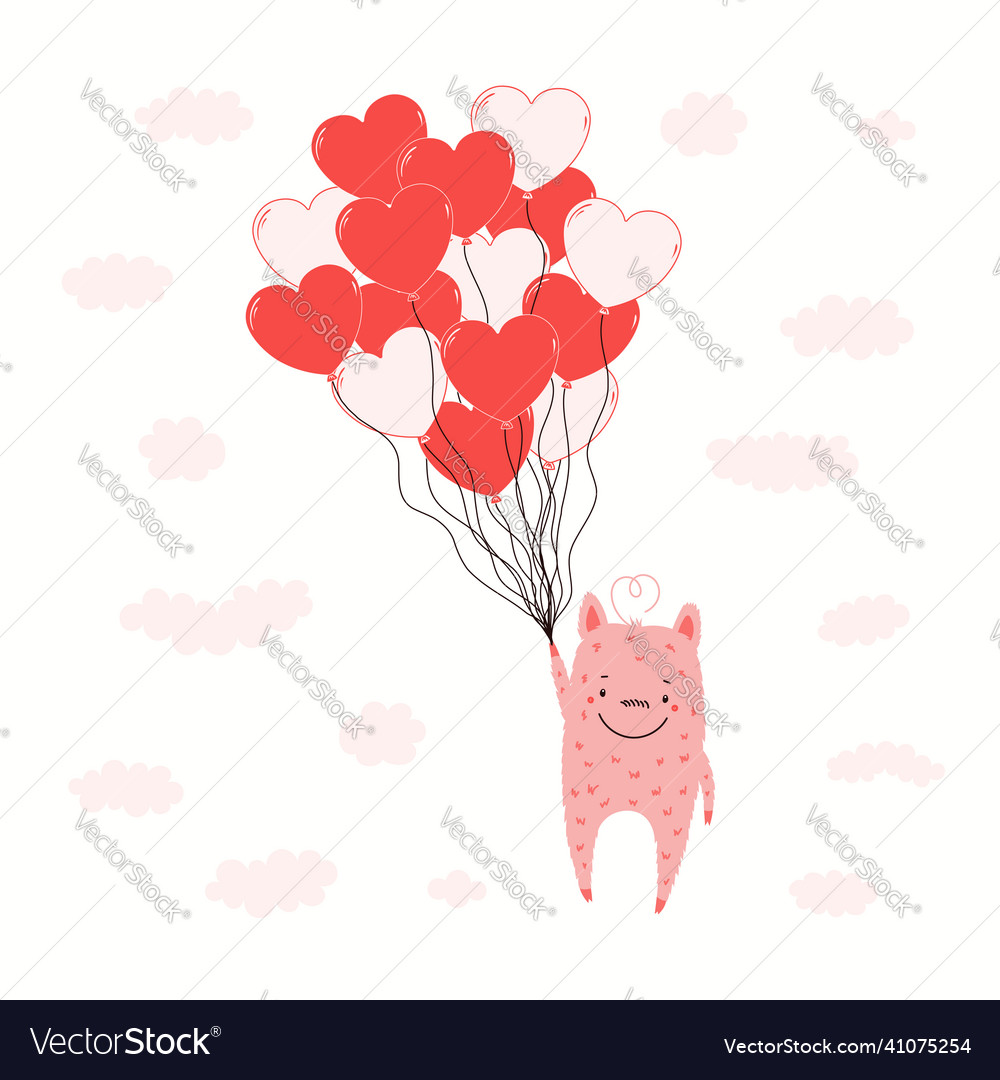 Cute pink monster flying on balloons isolated