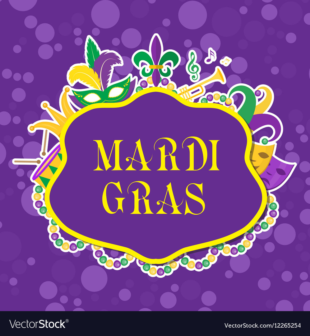 Mardi gras poster with mask beads trumpet drum