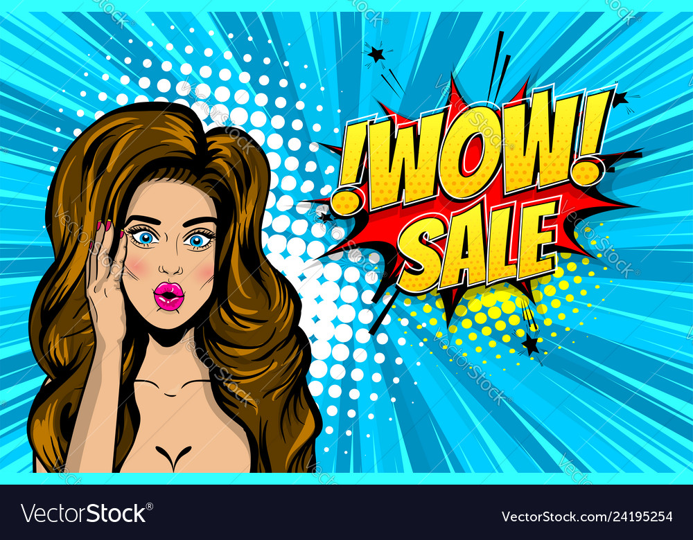 Wow face woman pop art sale advertise vector image Wow face woman pop art sale advertise
